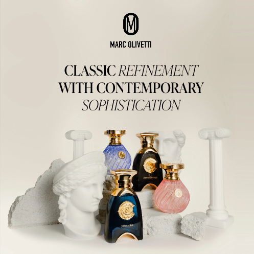 Assorted Marc Olivetti fragrances displayed on sculptural pedestals